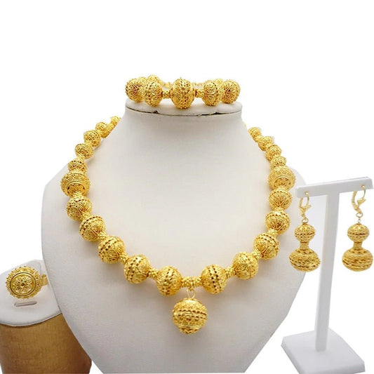 Gold Necklace Set for Women: Ideal for Nigerian African Weddings Complete with Earrings Rings - Free Delivery Worldwide only at Flexi Africa