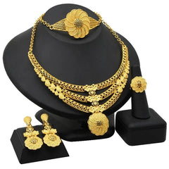 Gold-Plated Jewelry Set: Exquisite 24K Gold-Colored Necklace and Earrings for African Bridal Wear at Nigerian Wedding