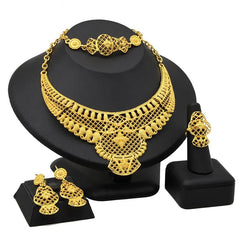 Gold-Plated Jewelry Set: Exquisite 24K Gold-Colored Necklace and Earrings for African Bridal Wear at Nigerian Wedding