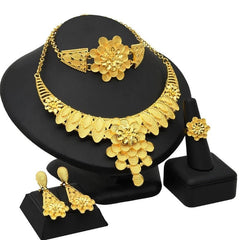 Gold-Plated Jewelry Set: Exquisite 24K Gold-Colored Necklace and Earrings for African Bridal Wear at Nigerian Wedding