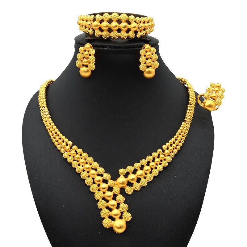 Gold Plated Wedding Jewelry Set - Complete African Chokers Necklace, Earrings, and Rings Fashion Bridal Jewellery Set - Free Delivery Worldwide only at Flexi Africa