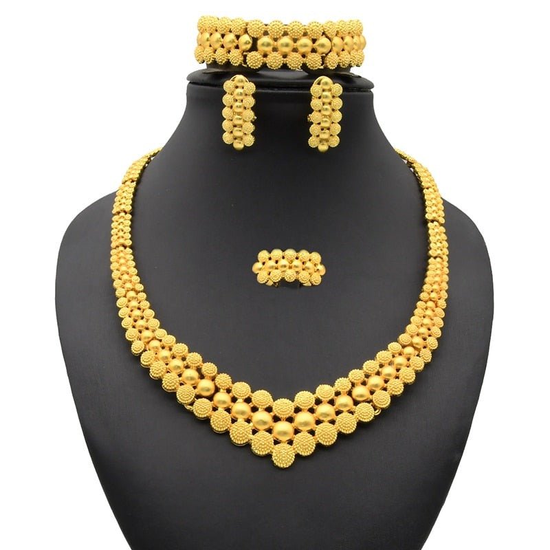 Gold Plated Wedding Jewelry Set - Complete African Chokers Necklace, Earrings, and Rings Fashion Bridal Jewellery Set - Free Delivery Worldwide only at Flexi Africa