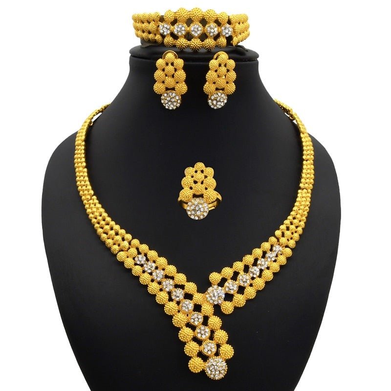 Gold Plated Wedding Jewelry Set - Complete African Chokers Necklace, Earrings, and Rings Fashion Bridal Jewellery Set - Free Delivery Worldwide only at Flexi Africa