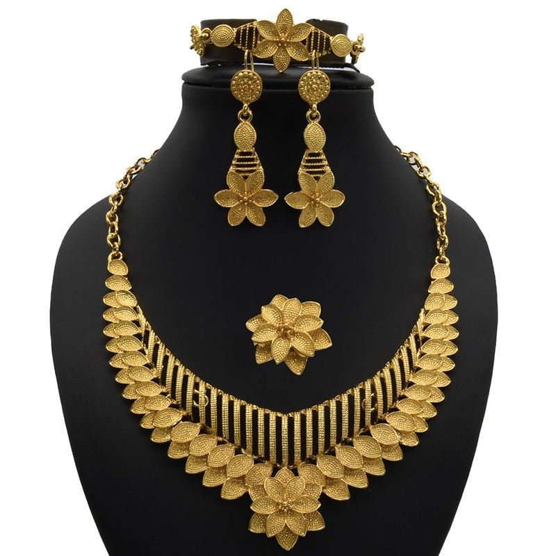 Gold Plated Wedding Jewelry Set - Complete African Chokers Necklace, Earrings, and Rings Fashion Bridal Jewellery Set - Free Delivery Worldwide only at Flexi Africa