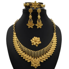 Gold Plated Wedding Jewelry Set - Complete African Chokers Necklace, Earrings, and Rings Fashion Bridal Jewellery Set