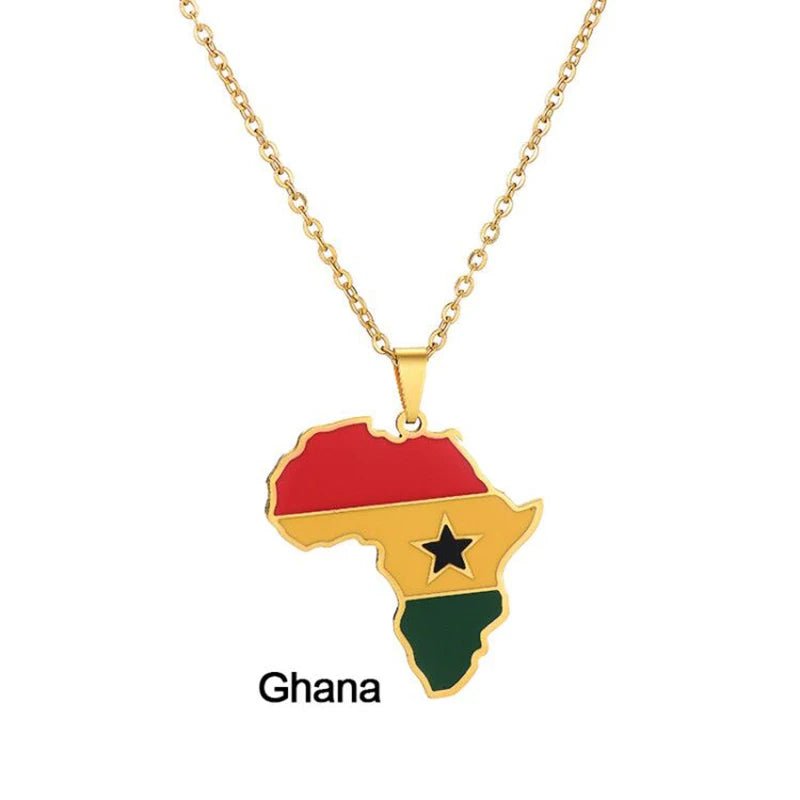 Gold Stainless Steel Africa Map Flag Pendant Necklace African Countries - Flexi Africa - Free Delivery www.flexiafrica.com