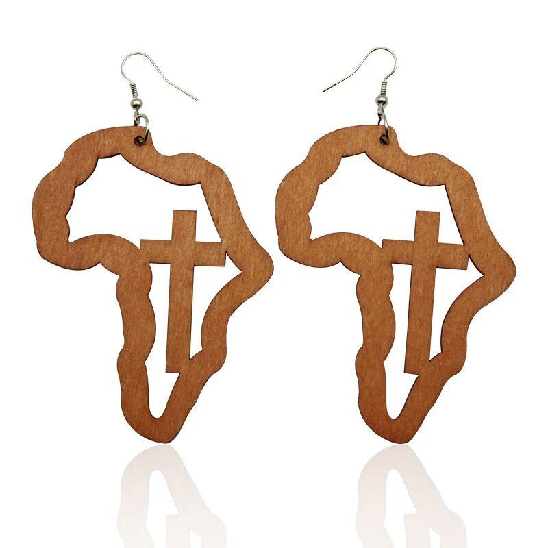 Laser Engraved Afro Wooden Drop Earrings African Motherland Map Ethnic Tribal Pattern Handmade Jewelry - Flexi Africa