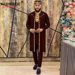 Men's African Agbada Robe 4PC Set – Embroidered Dashiki Shirt, Pants, Hat & Chain for Weddings and Evening - Free Delivery Worldwide only at Flexi Africa