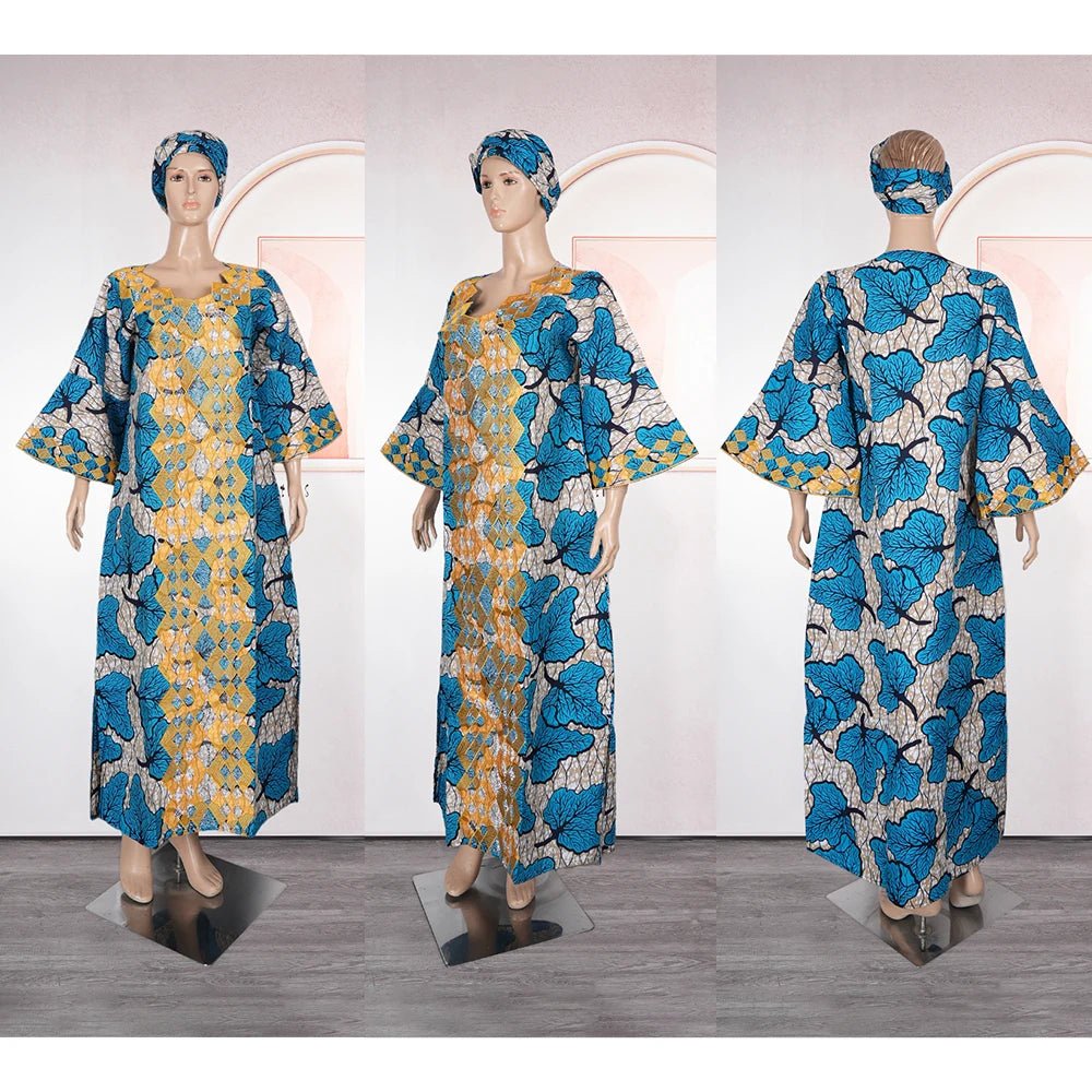 Plus Size African Clothes for Women 2025 New Dashiki Ankara Embroidery Bazin Riche Design Wedding Party Dresses with Headscarf - Free Delivery Worldwide only at Flexi Africa