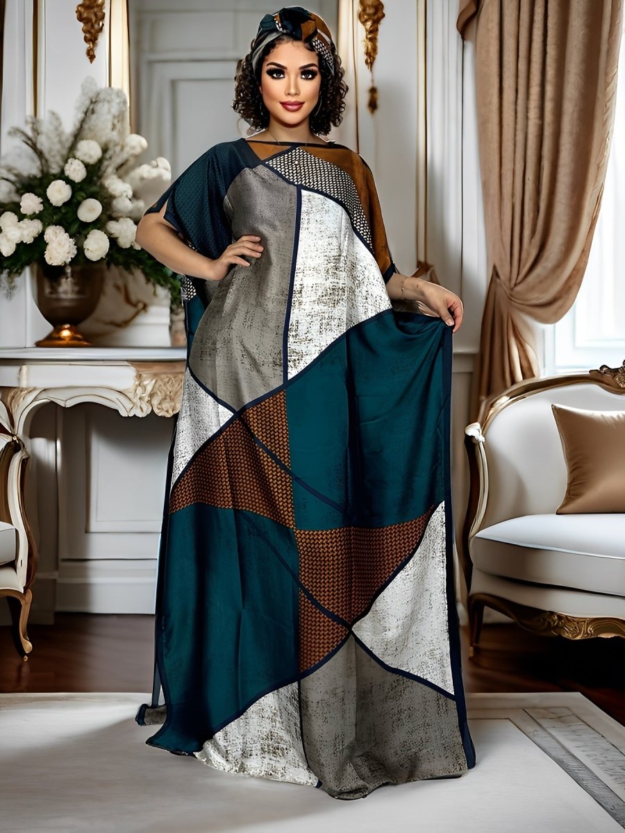 Plus Size Women's Colorblock Geometric Print Maxi Kaftan – Batwing Sleeve, Round Neck, Modest Dress - Free Delivery Worldwide only at Flexi Africa