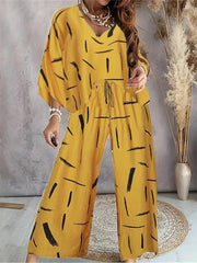 Plus Size Fashion Set: Stylish Wide-Leg High-Waisted Pants with V-Neck T-Shirt in Irregular Pattern - Flexi Africa FREE POST