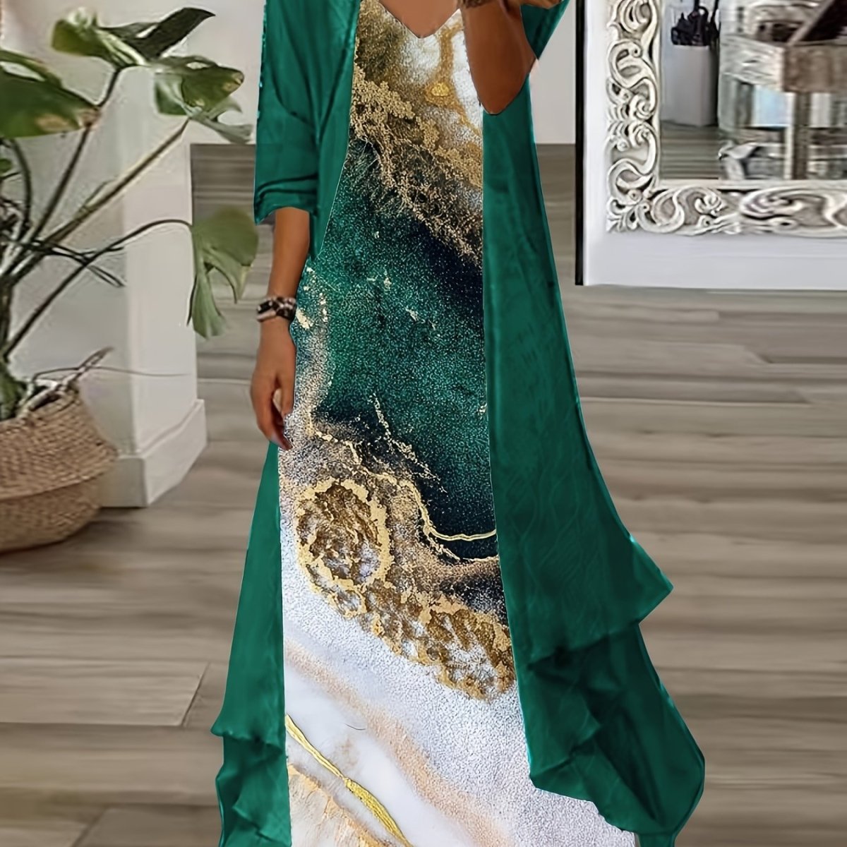 Printed V - neck Two Pieces Set - Women's Suspender Maxi Dress & Long Sleeve Cardigan - Free Delivery Worldwide only at Flexi Africa