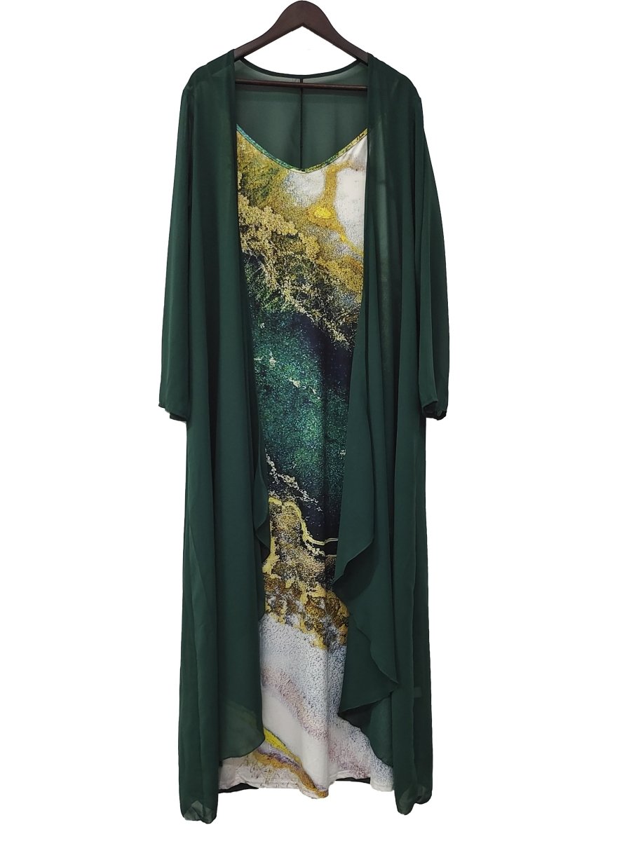 Printed V - neck Two Pieces Set - Women's Suspender Maxi Dress & Long Sleeve Cardigan - Free Delivery Worldwide only at Flexi Africa