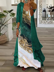 Printed V - neck Two Pieces Set - Women's Suspender Maxi Dress & Long Sleeve Cardigan - Free Delivery Worldwide only at Flexi Africa