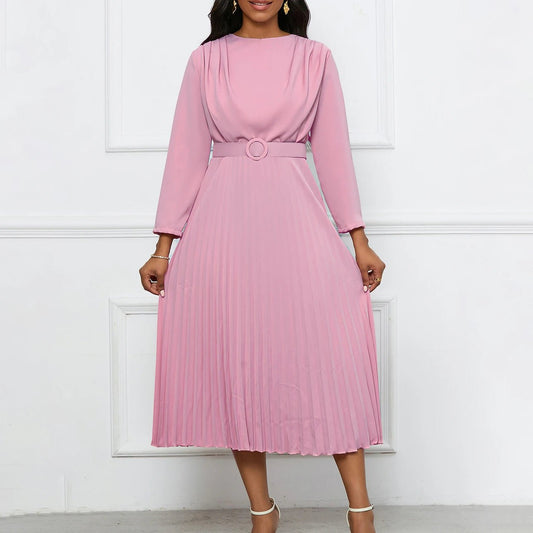 Professional Women's Pleated Dress: Round Neck, Full Sleeves, Belt - Waisted, Mid - Calf Length - Perfect for Formal Business Workwear - Free Delivery Worldwide only at Flexi Africa