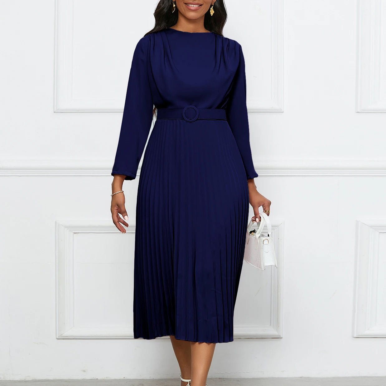 Professional Women's Pleated Dress: Round Neck, Full Sleeves, Belt - Waisted, Mid - Calf Length - Perfect for Formal Business Workwear - Flexi Africa - Free Delivery Worldwide only at www.flexiafrica.com