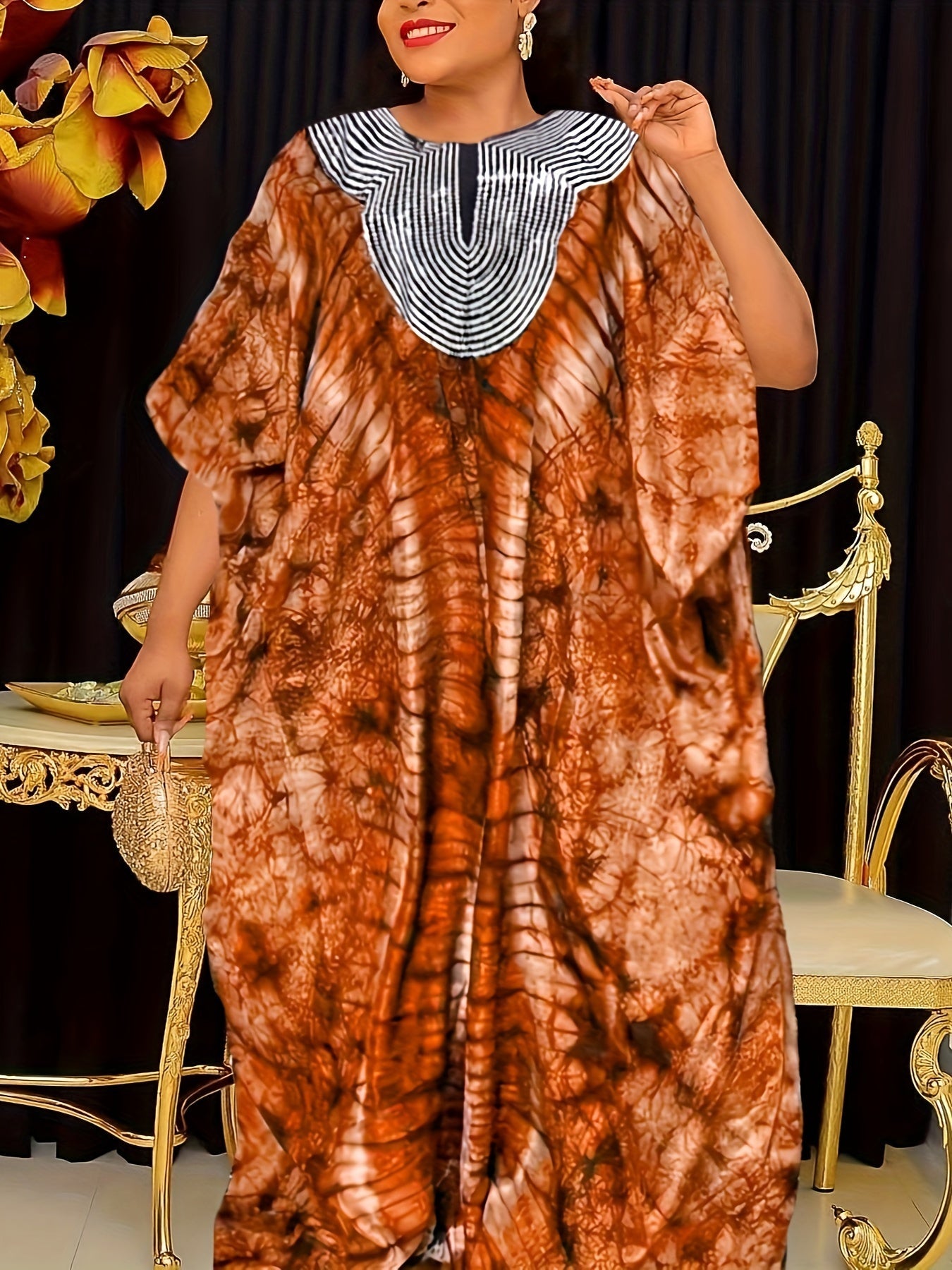 Ramadan All Over Print Sequin Neck Kaftan Dress, Modest Loose Maxi Length Kaftan - Flexi Africa - Free Delivery Worldwide only at www.flexiafrica.com