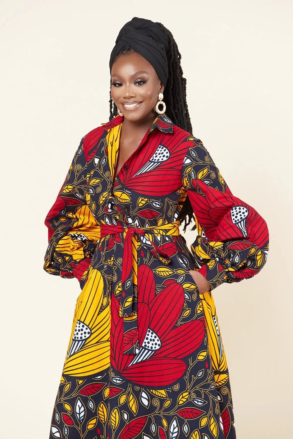 Red Yellow Plus Size African Ankara Print Long Shirt Dress with Free Headwrap and Nose Mask Flexi Africa www.flexiafrica.com