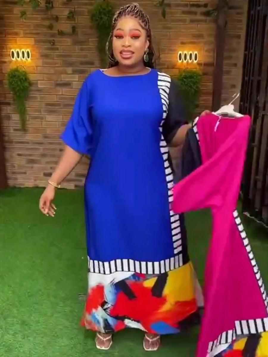 Refined African Dresses: Muslim Fashion Maxi Dress with Short Sleeves, Loose Fit, Dashiki Print - Free Delivery Worldwide