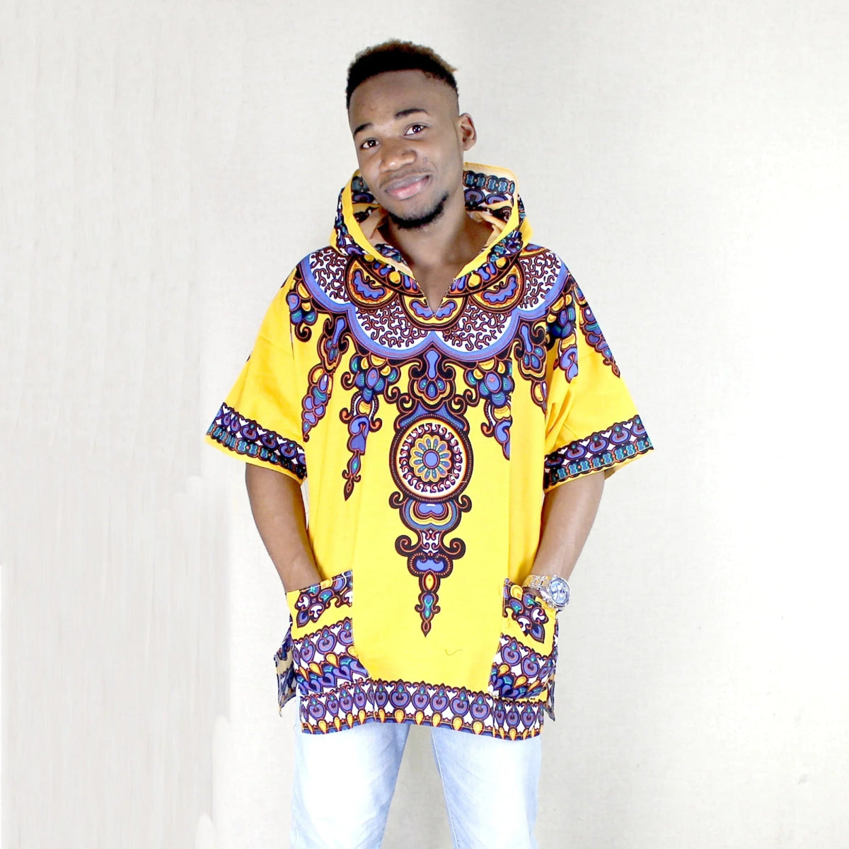 Regal Comfort: Men's African Dashiki Hoodie in Vibrant Yellow Traditional Clothing - Flexi Africa - www.flexiafrica.com