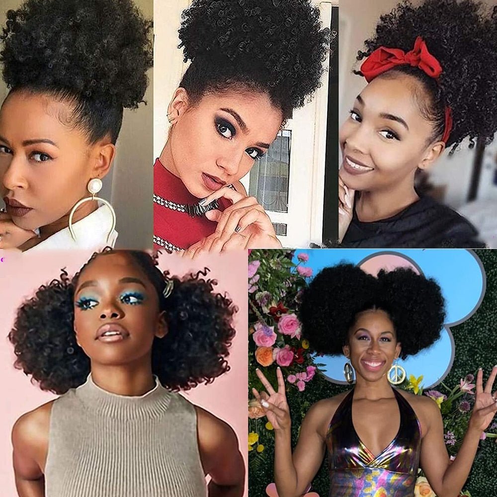 Short Afro Puff Synthetic Hair Bun Chignon Hairpiece Drawstring Ponytail Kinky Curly Updo Clip Hair Extensions - Flexi Africa