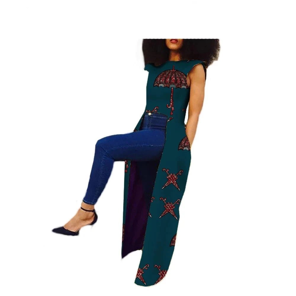 Sleeveless African Women's Long Back Coat: Ankle-Length Pure Wax Cotton, Plus Size - Flexi Africa - www.flexiafrica.com