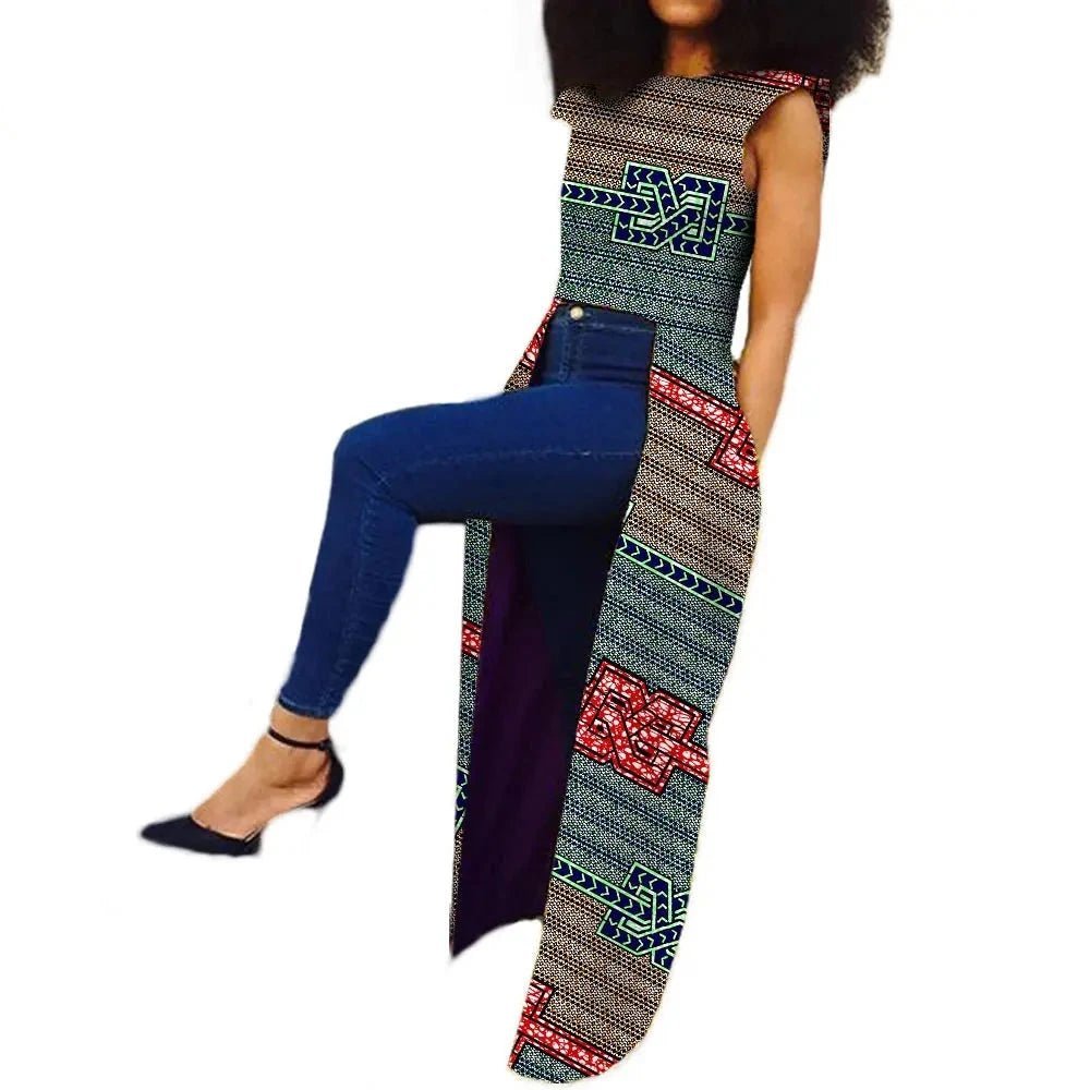 Sleeveless African Women's Long Back Coat: Ankle-Length Pure Wax Cotton, Plus Size - Flexi Africa - www.flexiafrica.com