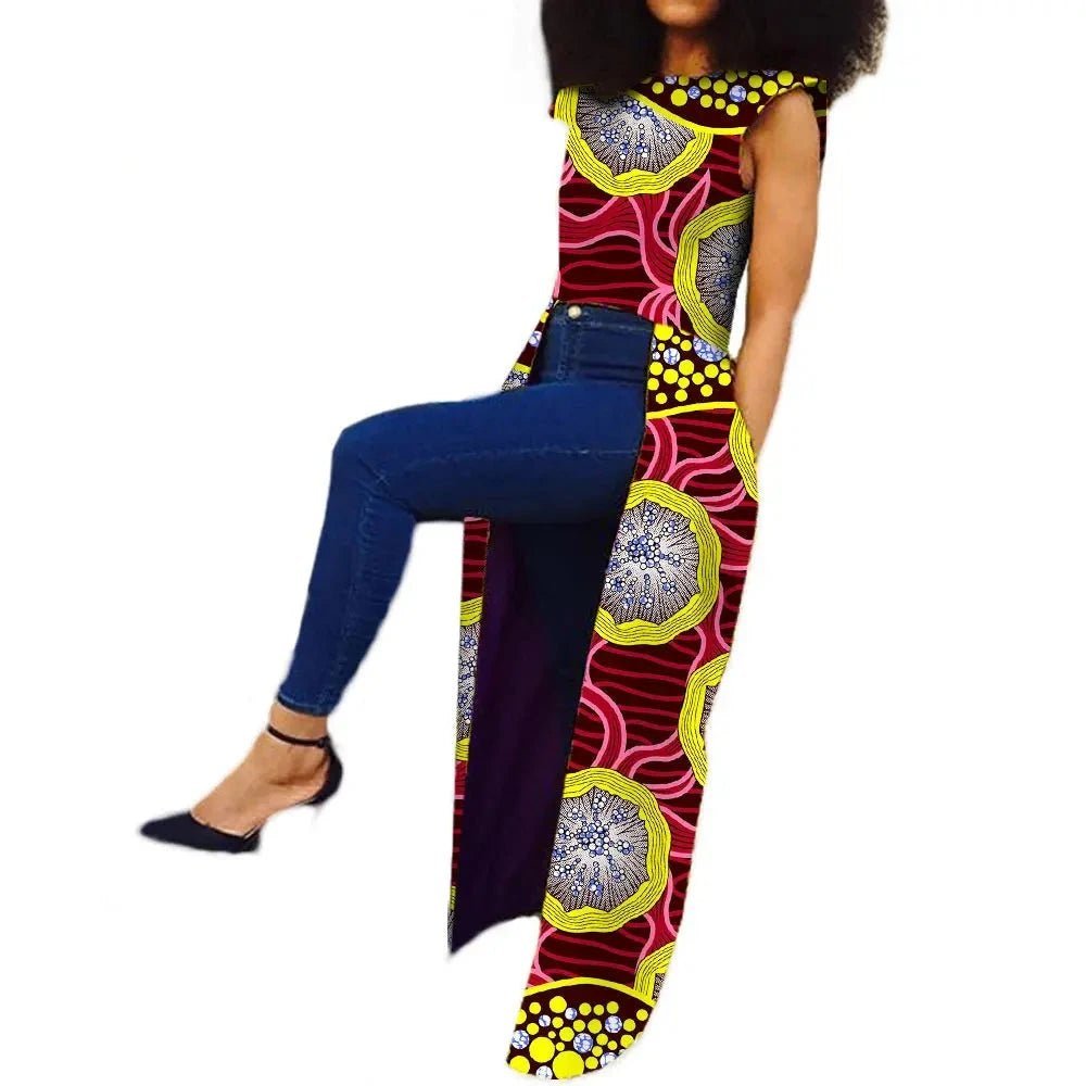 Sleeveless African Women's Long Back Coat: Ankle-Length Pure Wax Cotton, Plus Size - Flexi Africa - www.flexiafrica.com