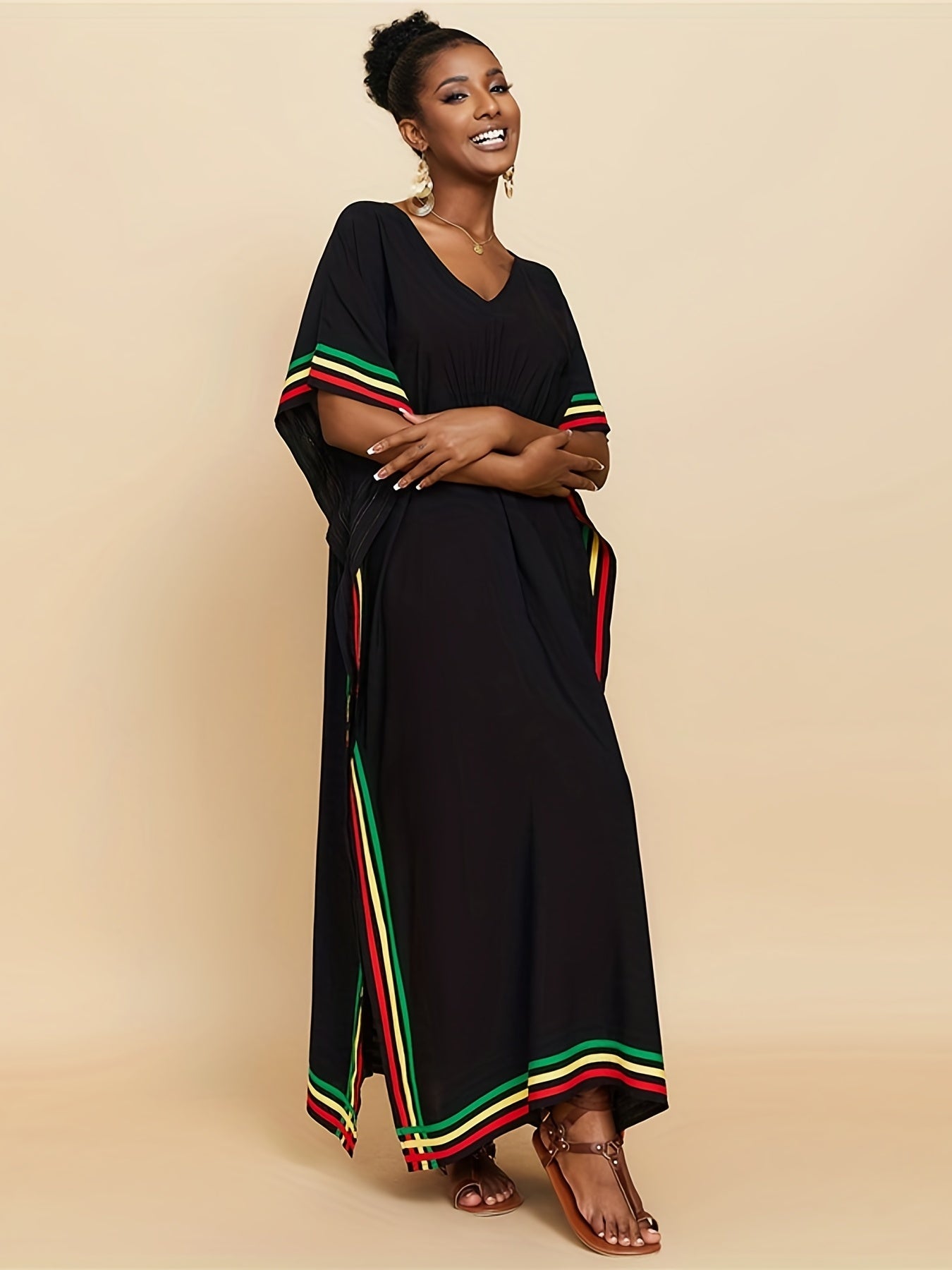 Striped Print V - Neck Batwing Sleeve Cover Up Dress, Side Split Loose Fit Black Elegant Beach Kaftan - Free Delivery Worldwide only at Flexi Africa