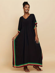 Striped Print V - Neck Batwing Sleeve Cover Up Dress, Side Split Loose Fit Black Elegant Beach Kaftan - Free Delivery Worldwide only at Flexi Africa