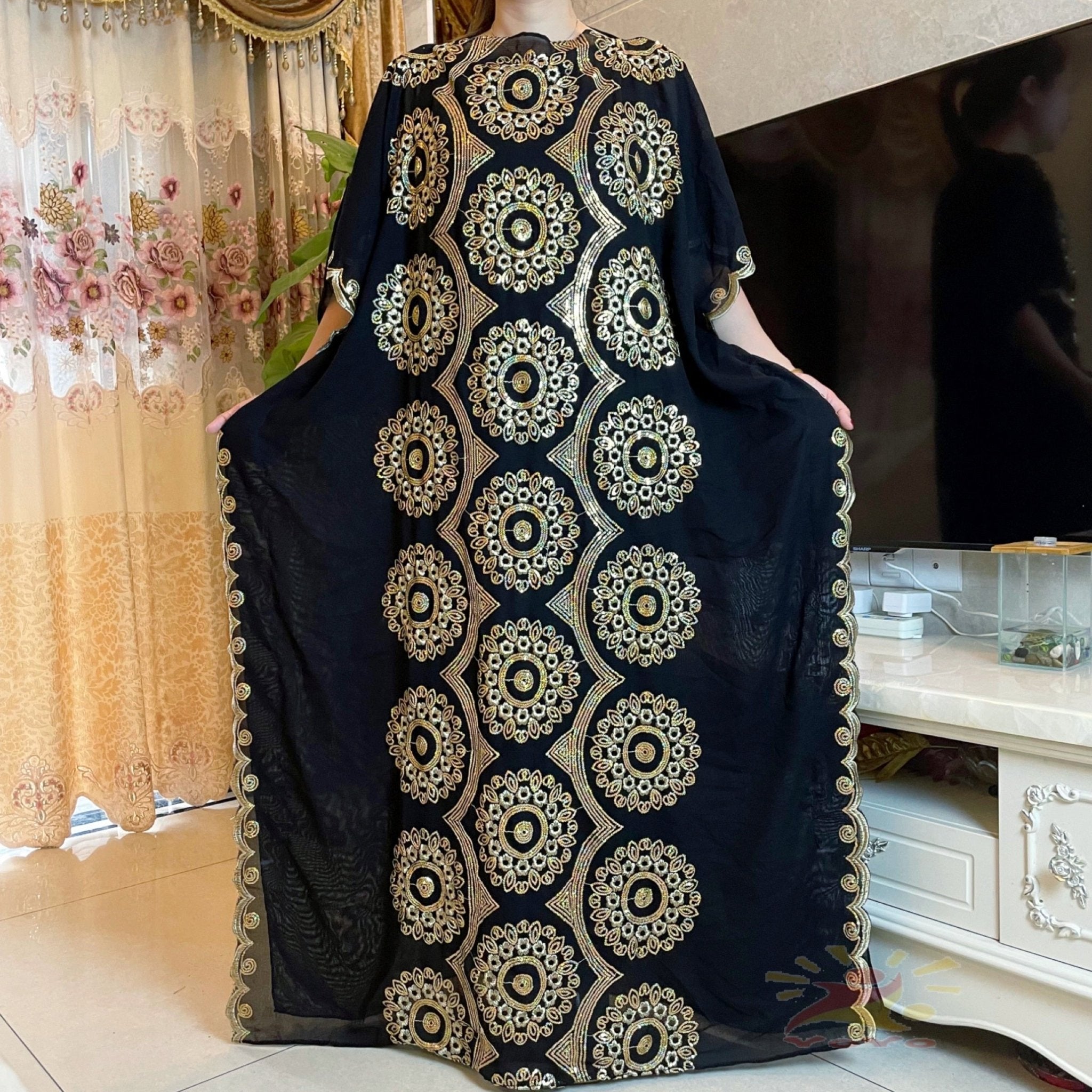 Stunning African Embroidery Flower Dress for Women - Muslim Sequin Embroidery and Scarf Included - Flexi Africa FREE POST