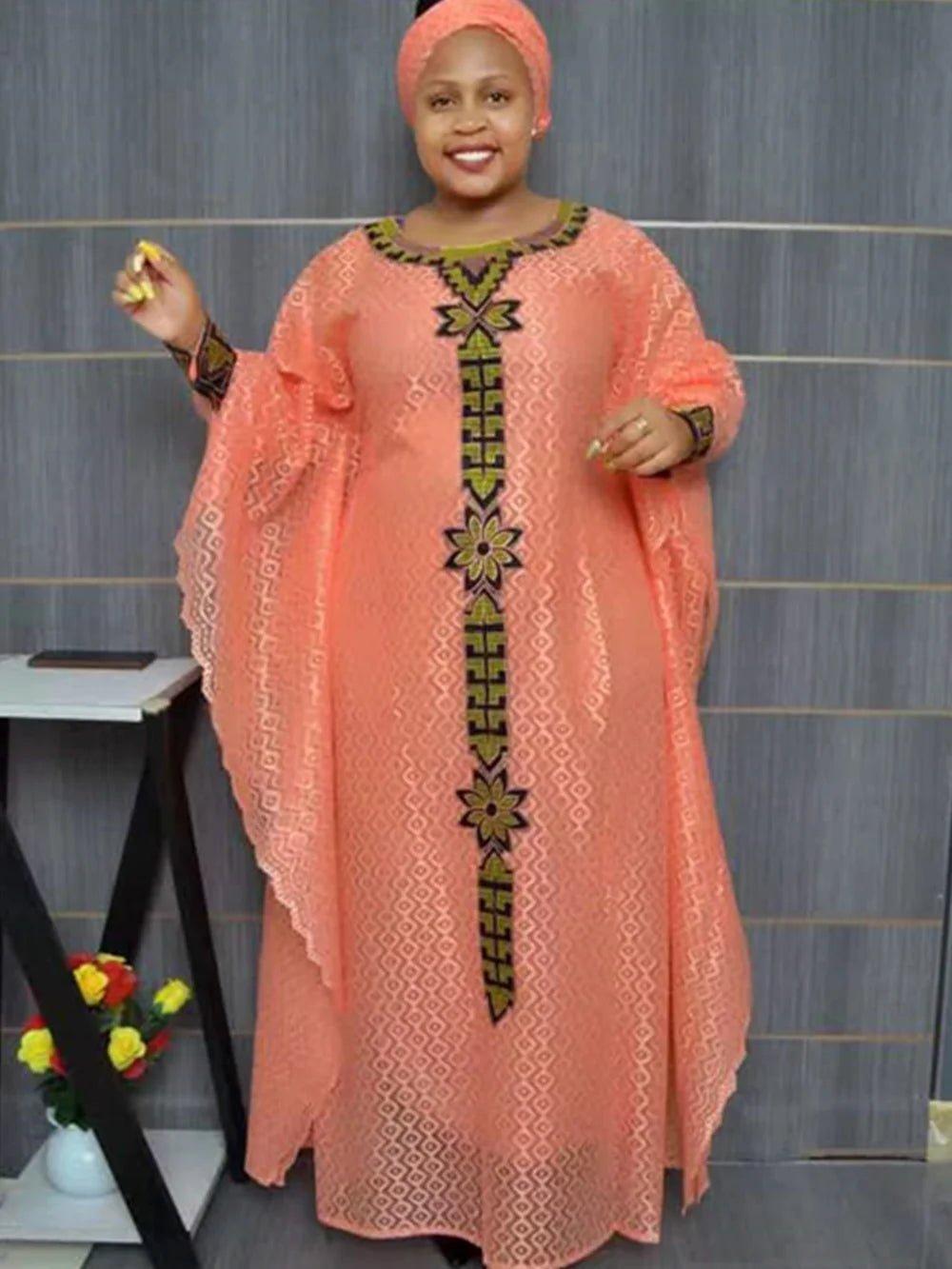 Stunning Muslim Fashion: Traditional African Lace Dashikis with Headtie - Flexi Africa - www.flexiafrica.com - FREE POST