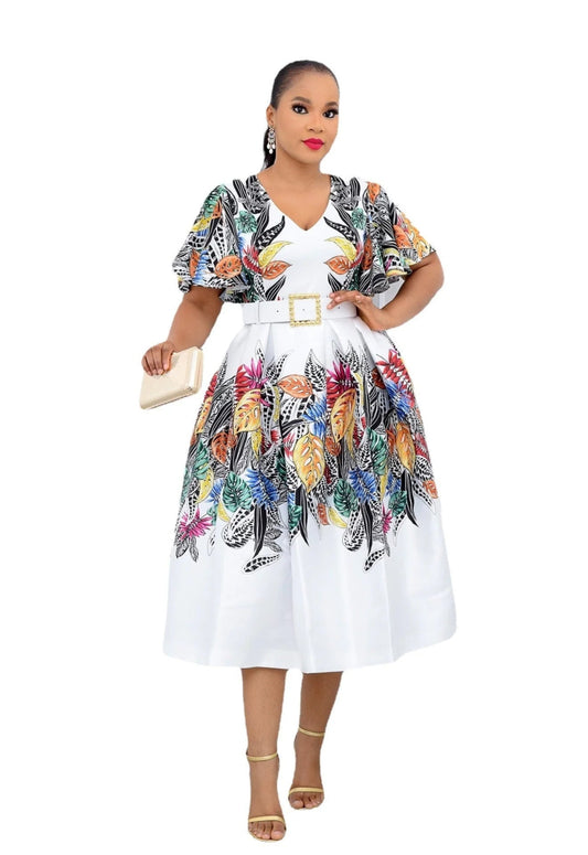 Stylish African Print Short Sleeve Dress for Women - Perfect Summer V - Neck Polyester Dress - Free Delivery Worldwide only at Flexi Africa