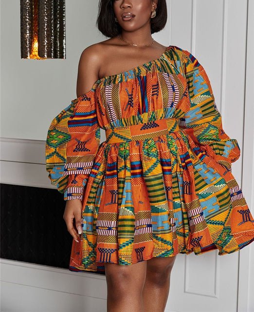 Stylish and Bold: African Shoulder Off Mini Dress with Dashiki Tribal Print - Perfect for Women's Fashion