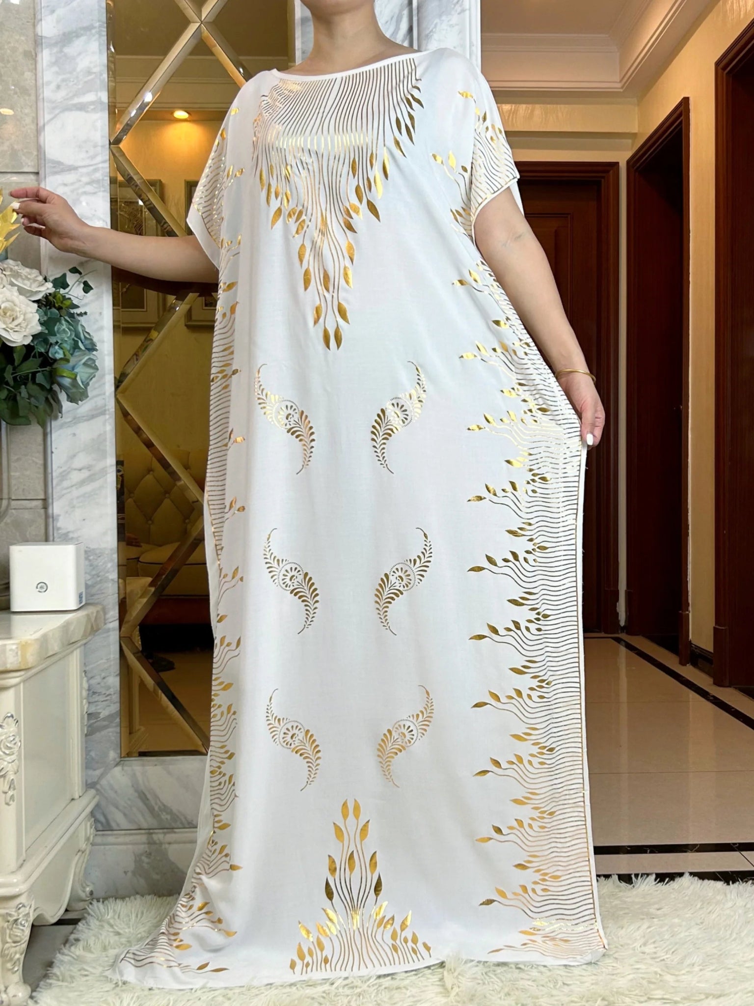 Summer Maxi Dress: Cotton with Gold Stamping, Short Sleeves, and Matching Big Scarf - Flexi Africa - www.flexiafrica.com