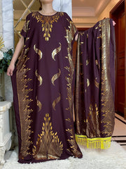 Summer Maxi Dress: Cotton with Gold Stamping, Short Sleeves, and Matching Big Scarf - Flexi Africa - www.flexiafrica.com