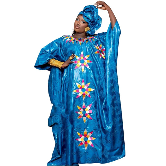 Traditional Bazin Embroidery African Dresses for Couples: Floor-Length Dress Ensemble with Matching Scarf - Flexi Africa