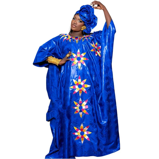 Traditional Bazin Embroidery African Dresses for Couples: Floor-Length Dress Ensemble with Matching Scarf - Flexi Africa