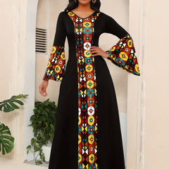 Vibrant Ethnic Print Maxi Dress - Fashionable Splicing, Flared Sleeves, V - Neck - Premium Feminine Style - Free Delivery Worldwide only at Flexi Africa