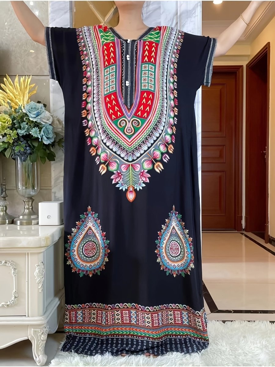 Vibrant Middle Eastern African Kaftan Dress - Colorful Rayon Tribal Long Gown with Short Sleeves, Loose Fit for All Seasons, Handwash/Dry Clean - Elegant Casual Wear - Free Delivery Worldwide only at Flexi Africa