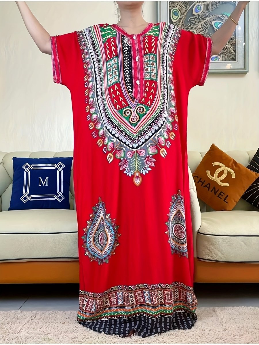 Vibrant Middle Eastern African Kaftan Dress - Colorful Rayon Tribal Long Gown with Short Sleeves, Loose Fit for All Seasons, Handwash/Dry Clean - Elegant Casual Wear - Free Delivery Worldwide only at Flexi Africa