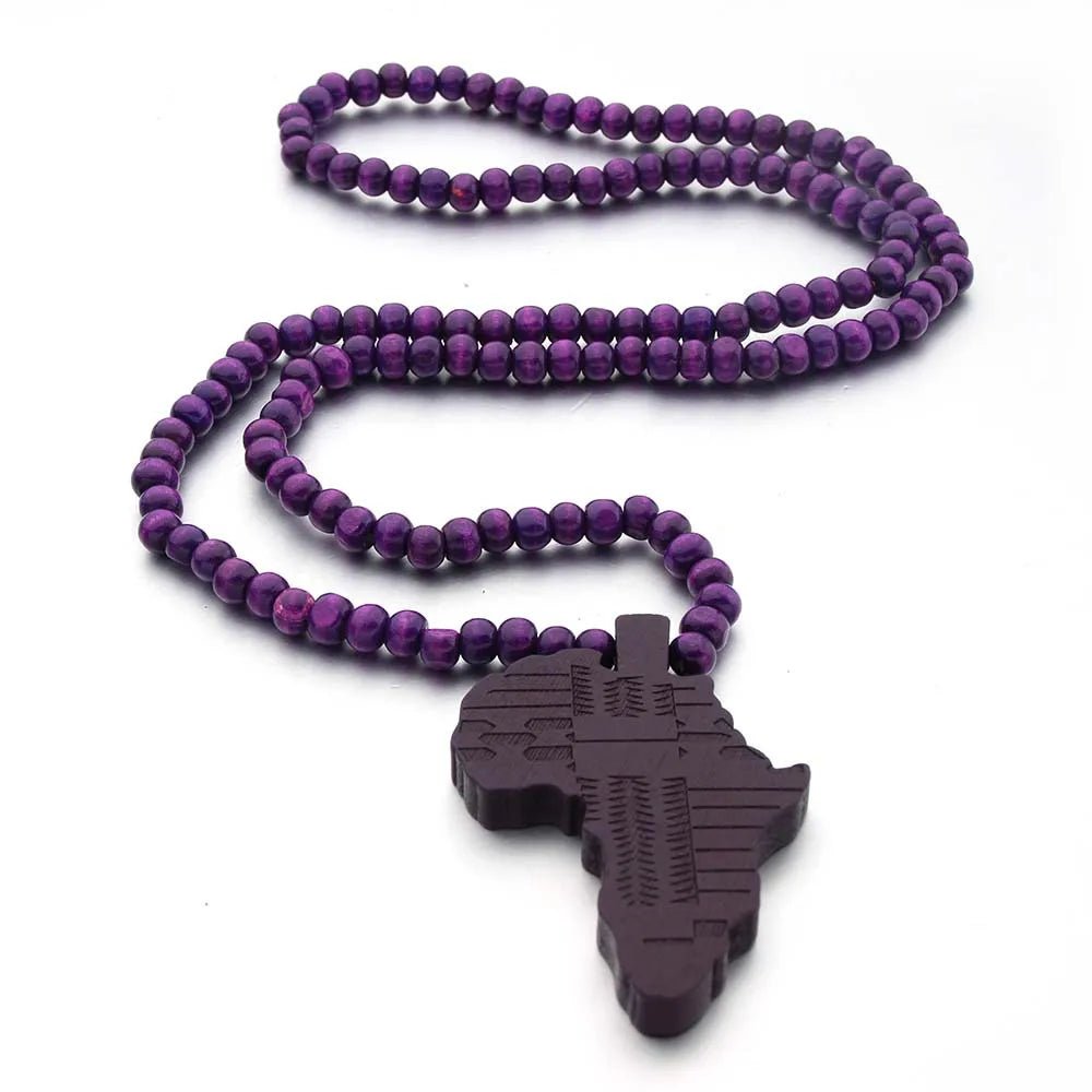 Unisex Africa Map Wooden Pendant Necklace with Beaded String - Hip Hop Jewelry - Free Delivery Worldwide only at Flexi Africa