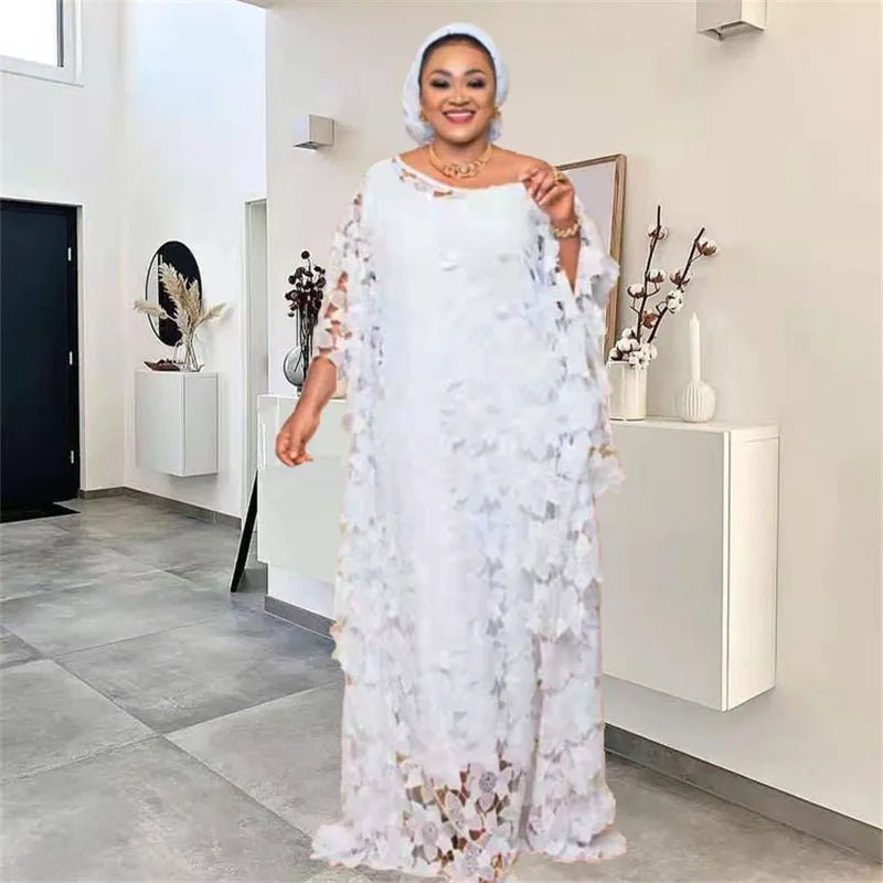 White Lace Hollow African Dresses: Elegant Traditional Attire for Muslim Women during Ramadan - Flexi Africa - Free Delivery