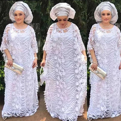 White Lace Hollow African Dresses: Elegant Traditional Attire for Muslim Women during Ramadan - Flexi Africa - Free Delivery