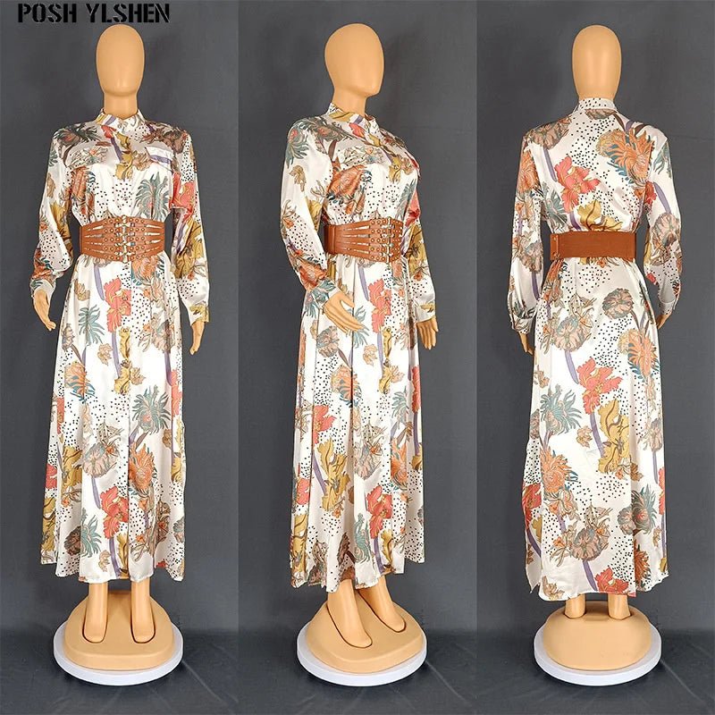 Wide Belt African Long Dresses for Women 2023 Traditional Nigeria Flower Print Caftan Dress Abaya Musulman Robe Femme Clothes - Free Delivery Worldwide only at Flexi Africa