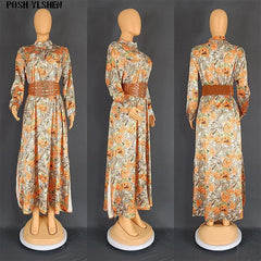 Wide Belt African Long Dresses for Women 2023 Traditional Nigeria Flower Print Caftan Dress Abaya Musulman Robe Femme Clothes - Free Delivery Worldwide only at Flexi Africa