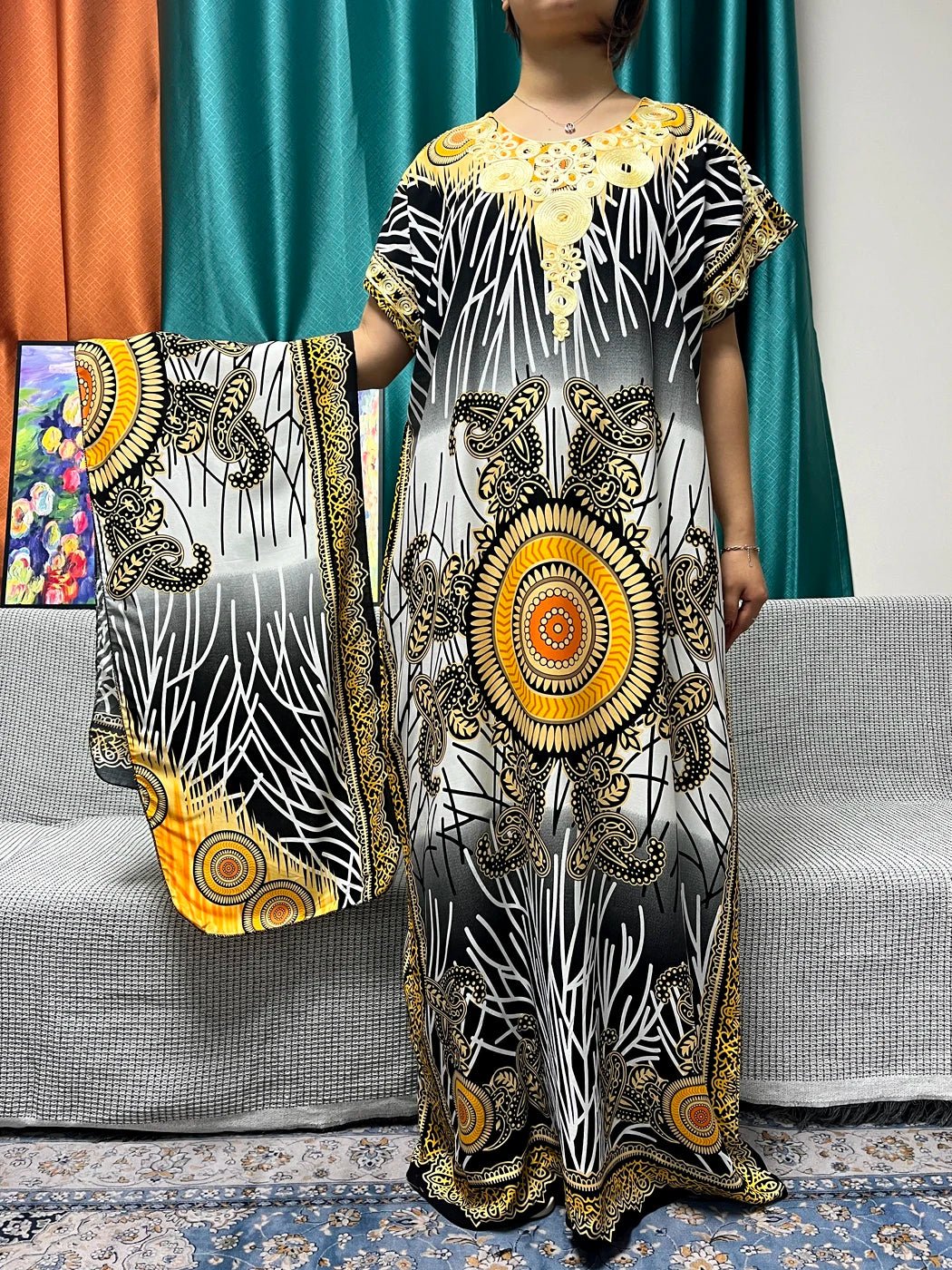 Women Print Appliques Cotton Traditional Kanga Clothing Loose Femme Robe African Nigeria Dresses With Turban - Flexi Africa