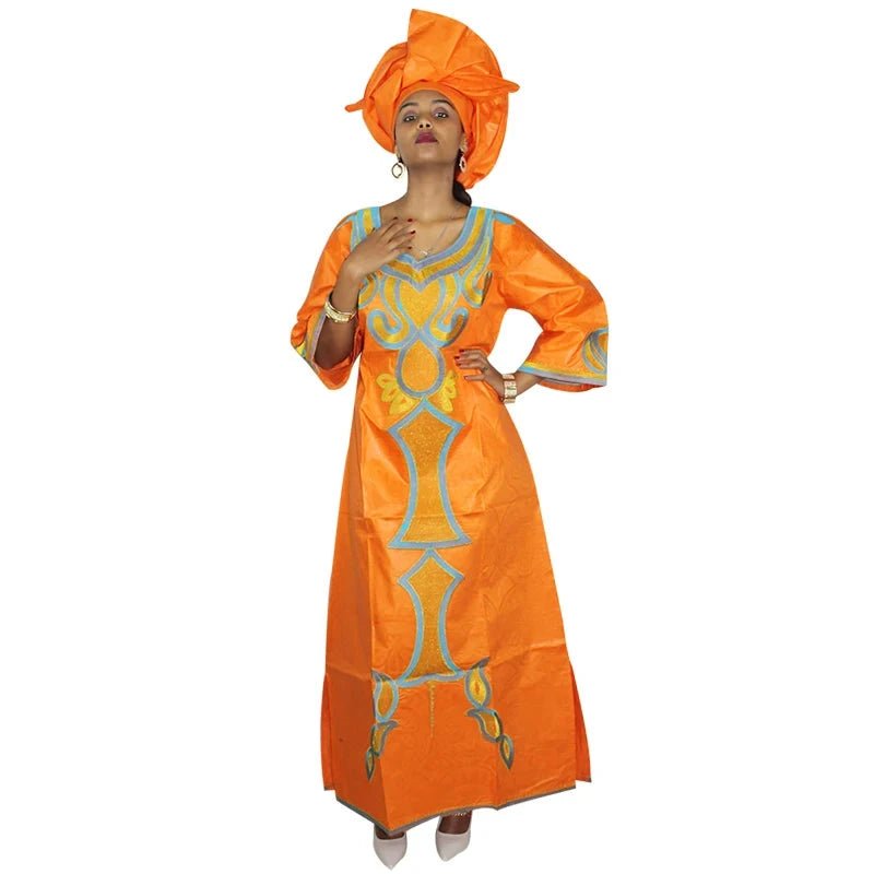 Women's African Fashion Set – Bazin Riche Embroidered Long Dress - Free Delivery Worldwide only at Flexi Africa